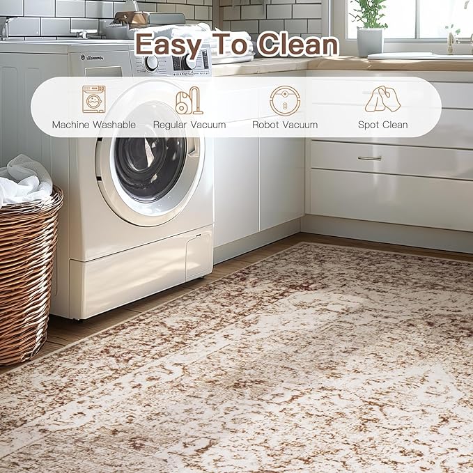 Lofus 2x8 Runner Rug for Hallways, Washable Kitchen Rugs, Non-Slip Rugs for Entryway and Bedroom, Vintage Boho Carpet, Soft Low Pile Long Runner Area Rug, Vintage Beige Brown