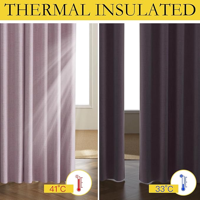 NICETOWN Pink Vintage Linen 100% Blackout Curtains for Classroom, Thermal Insulated Curtains 63" Long, Noise Reducing Window Treatment Drapes for Gym Room, 42" Wide Per Panel, Set of 2