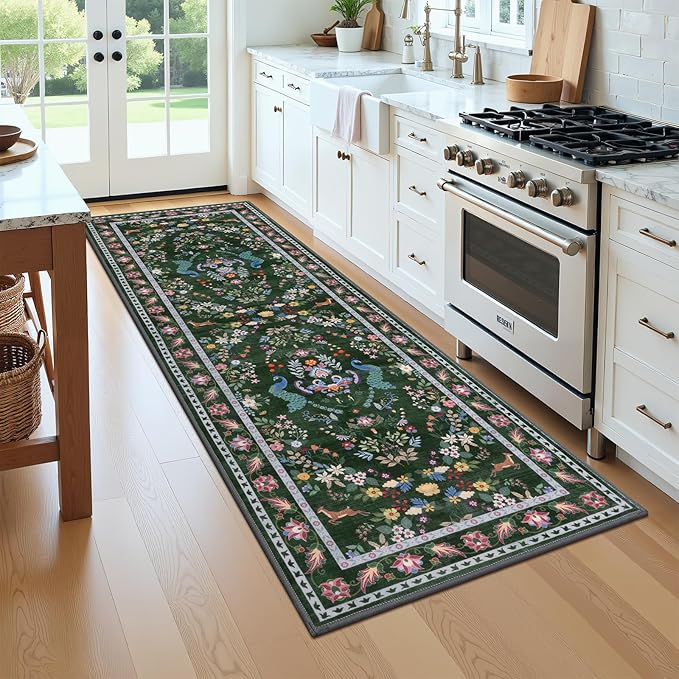 HEBE Washable Hallway Runner Rug 2'x 6' Non Slip Kitchen Rugs Runner,Low Pile Entryway Rug Laundry Room Mat Floral Carpet Runners for Hallways, Kitchen,Bathroom,Laundry,Bedside Rug