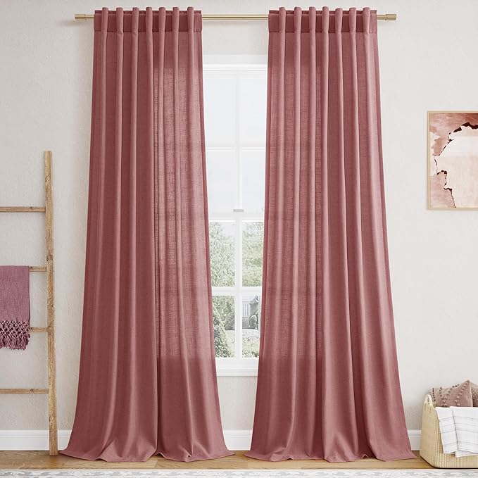 Nanspring Canyon Rose Linen Curtains 90 Inch Long 2 Panels Set for Bedroom Living Room Dusty Rose Linen Textured Window Drapes Semi Sheer Light Filtering Rod Pocket Back Tab Farmhouse Curtain 52x90