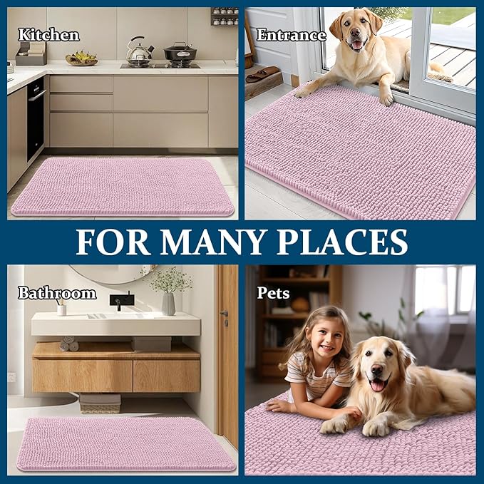 OLANLY Dog Door Mat for Muddy Paws 45x27, Absorbs Moisture and Dirt, Absorbent Non-Slip Washable Doormat, Quick Dry Chenille Mud Mat for Dogs, Entry Indoor Entryway Carpet for Inside Floor, Dusty Rose