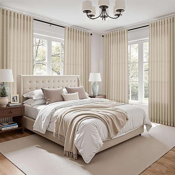Nanspring Eggshell Beige Curtains 102 Inches Long for Living Room Linen Light Filtering Semi Sheer Curtain Back Tab Rustic Decor Floor to Ceiling Neutral Drapes for Bedroom Office 52x102, 2 Panels