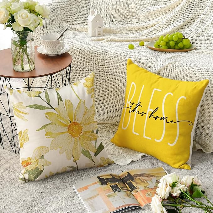 AVOIN colorlife Home Sweet Home Spring Summer Flowers Yellow Throw Pillow Covers, 16 x 16 Inch Cushion Case for Sofa Couch Set of 4