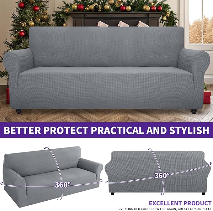 ZNSAYOTX Super Stretch Couch Cover (72"-92") Universal Sofa Covers with Elastic Bottom, Dog Cat Pets Friendly Washable Furniture Protector Fitted Sofa Slipcovers Stay in Place (Light Grey, Sofa)