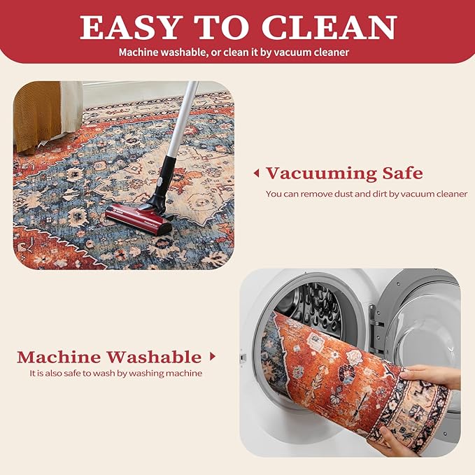 SERISSA Washable Rugs 6x9 Area Rugs, Large Non-Slip Boho Living Room Rug, Ultra Soft Vintage Print Distressed Oriental Tribal Farmhouse Carpet for Dining Room Bedroom Dorm Office Home Decor