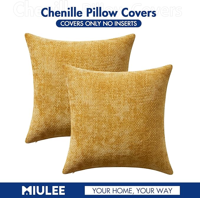 MIULEE Pack of 2 Euro Sham Pillow Covers 24x24 Inch Neutral Gold Modern Boho Accent Decorative Throw Pillow Covers Soft Chenille Farmhouse Cushion Covers for Home Decor Couch Bed Sofa Living Room