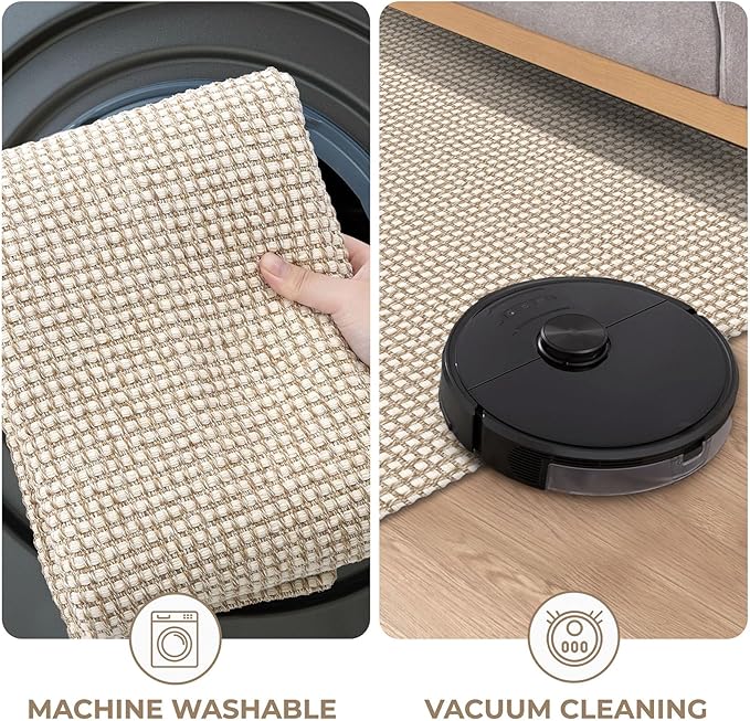 KOZYFLY Rugs for Entryway 3x5 ft Washable Area Rug Non Slip Rubber Backed Entry Rug Woven Indoor Door Mat Cotton Kitchen Rugs Floor Carpet for Entryway, Foyer, Backdoor, Ivory/Khaki