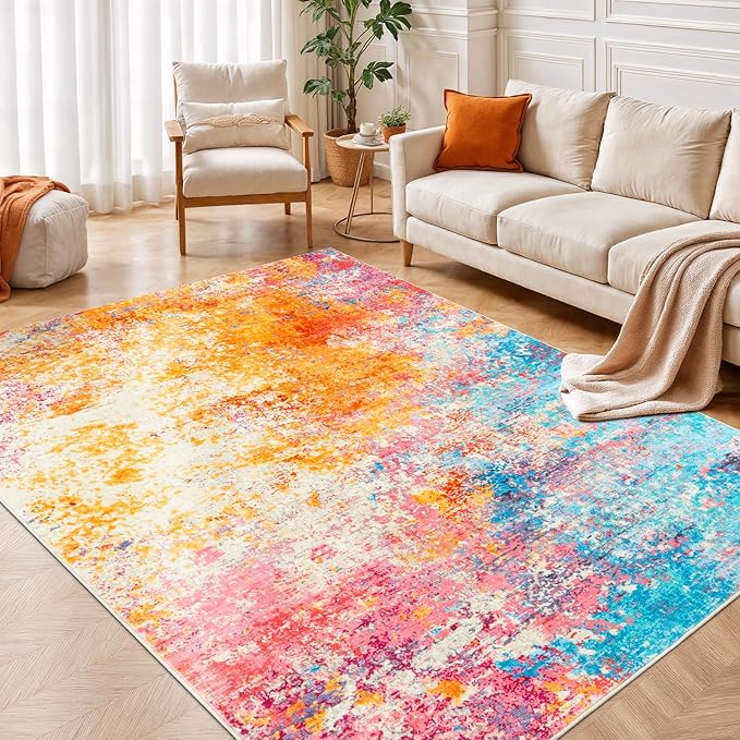 Rugflix 4x6 Area Rugs for Living Room, Washable Large Multicolor Rug Stain-Resistant Low Pile, Modern Carpet for Dining Room Home Office Kid Room Nursery Bedroom, Colorful Rainbow