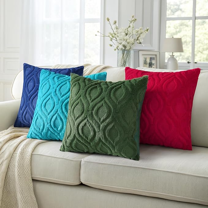 decorUhome Summer Throw Pillow Covers 16x16 Inch Set of 2, Soft Plush Faux Wool Turquoise Solid Couch Pillow Covers, Accent Farmhouse Neutral Square Pillow Cases for Sofa Bed Living Room