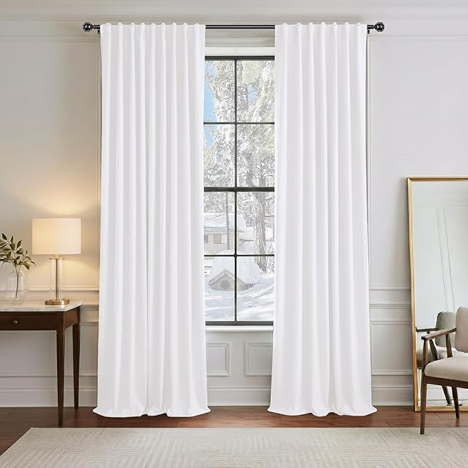 PONY DANCE Living Room Curtains - 42 W x 90 L, Pure White Long Blackout Panels Set Window Treatments Thermal Insulated Light Blocking Back Tab/Rod Pocket Curtain Drapes, Double Pieces