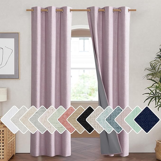 NICETOWN Pink Vintage Linen 100% Blackout Curtains for Living Room, Thermal Insulated Curtains 84" Long, Noise Reducing Window Treatment Drapes for Hall Room, 42" Wide Per Panel, Set of 2