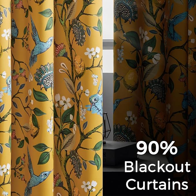 Topfinel 90 Inches Long Curtains & Drapes 2 Panels, Unique Nature Luxury Elegant Colorful Dark Floral Hummingbird Patterned Rustic Mustard Yellow Grommet Drapes for Classroom Room Office Closet 52x90