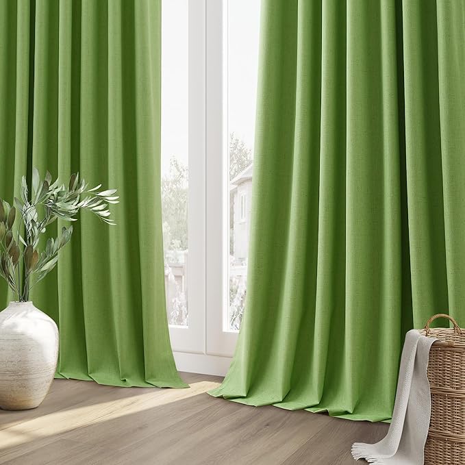 Guken 100% Blackout Curtains 102 Inch Length 2 Panels Set for Living Room Bedroom Back Tab Thermal Insulated Black Out Linen Drapes Room Darkening Lime Green,52x102
