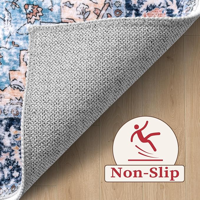SERISSA 5x7 Boho Area Rug, Washable Large Rugs for Living Room, Ultra Soft Non-Slip Bedroom Rug Print Distressed Vintage Tribal Farmhouse Carpet Blue Orange Rug for Dining Room Dorm Office Home Decor