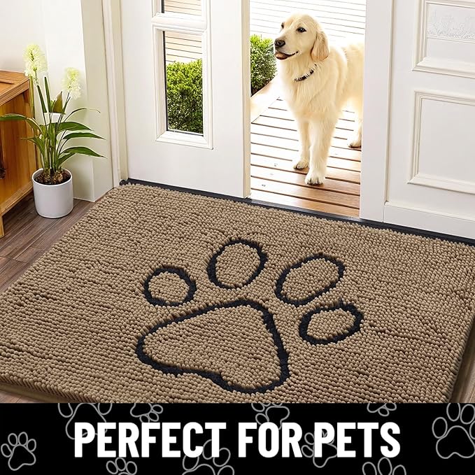Smiry Dog Door Mat for Muddy Paws, Absorbent Dirt Trapper Non Slip Quick Dry Washable Chenille Mat for Mud Dogs, Entry Rug for Indoor and Outdoor (47x24 Inches, Camel and Black)