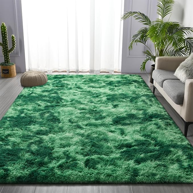 Deerhoo Large Shag Area Rugs 6 x 9, Plush Fuzzy Rugs for Living Room, Ultra Soft Fluffy Furry Rug for Bedroom, Indoor Carpet Nursery Rugs for Kids Room Home Decor, Tie-Dyed Emerald Green