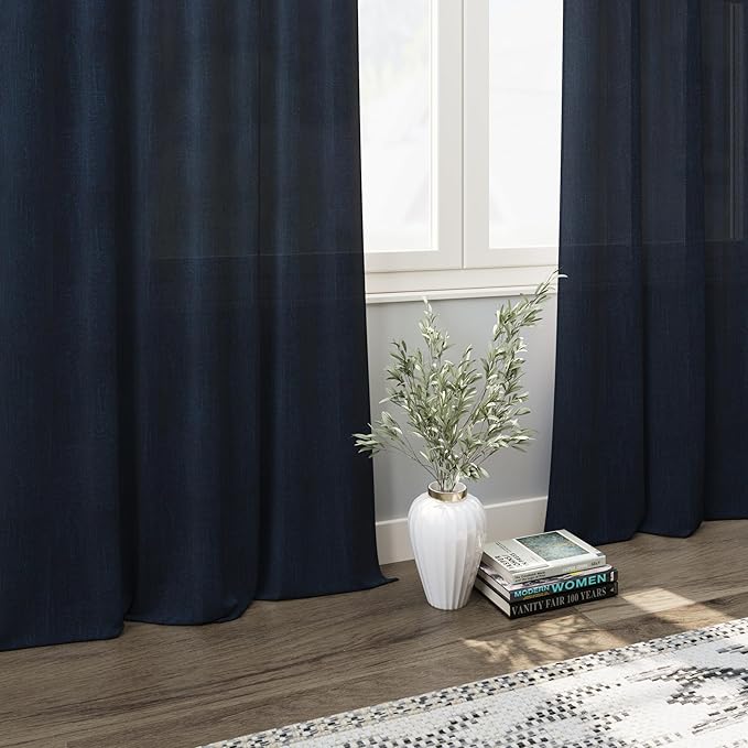 Navy Blue Linen Sheer Curtains 108 Inches Long Back Tab Rod Pocket 2 Panels Semi Sheer Extra Long Curtains Light Filtering Modern Boho Drapes for Living Room Luxury Floor Length Curtain 9Ft 40x108