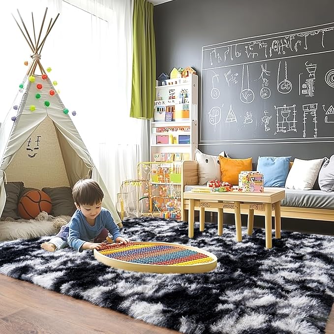 Pionblank Large Area Rug for Living Room 10x14, Fuzzy Modern Shag Rug, Fluffy Plush Non Slip Soft Furry Carpet for Bedroom Kids Room Nursery Teens Dorm Home Decor, Black White