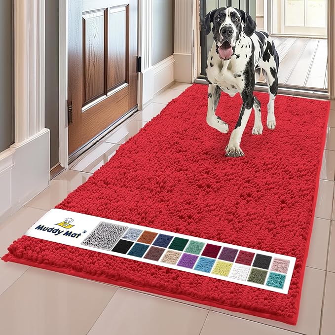 Muddy Mat® | Super Absorbent Door Mat Indoor, Microfiber Quick Dry Chenille Entryway Rug, Non-Slip Front Door Mat, Indoor Mats for Entryway, Machine Washable Pet Rug, Red 3ft x 8ft