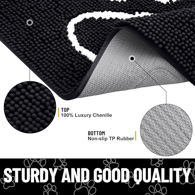 Smiry Dog Door Mat for Muddy Paws, Absorbent Dirt Trapper Non Slip Quick Dry Washable Chenille Mat for Mud Dogs, Entry Rug for Indoor and Outdoor (70x32 Inches, Black and White)