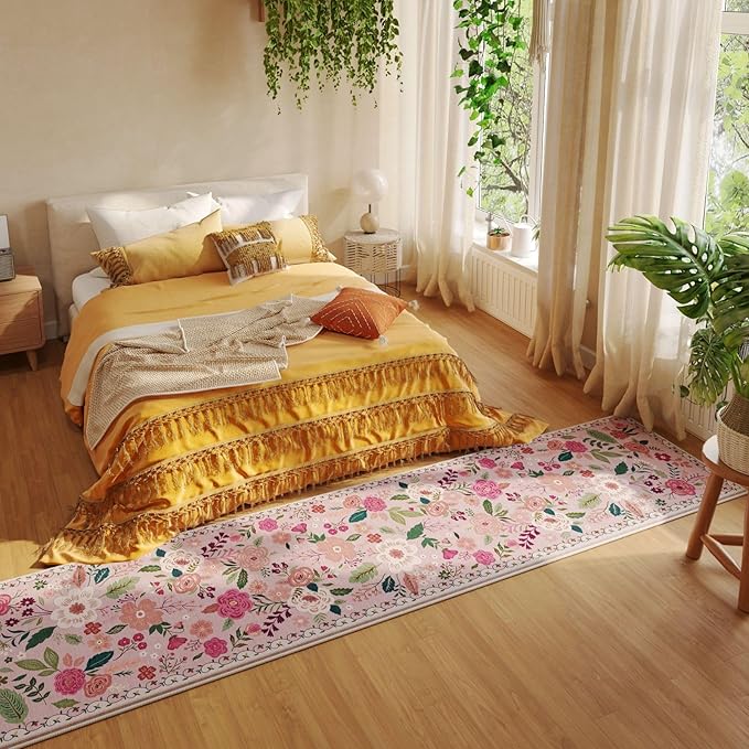 Rugcomf Washable Kitchen Runner 2'7"x12' - Floral Long Hallway Runner Rug Non Slip, Boho Carpet for Entryway, Hall, Bathroom - Pink