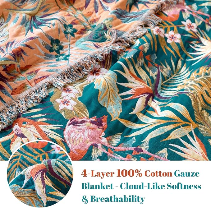 MSGKV Boho Throw Blanket for Bed 60"x80" 100% Cotton Jungle Animal Couch Blanket Spring Breathable Lightweight Twin Size Blankets for Sofa Home Decor Muslin All Seasons