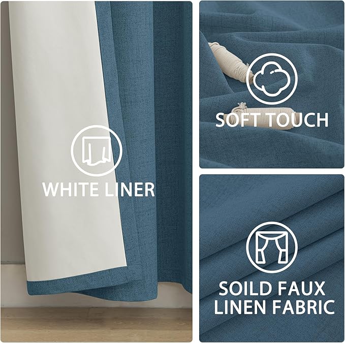 Yakamok Dusty Blue Linen Curtains 100% Blackout 96 Inches Long,Room Darkening Textured Drapes for Living Room Thermal Grommet Bedroom Curtains 2 Panels with White Liner
