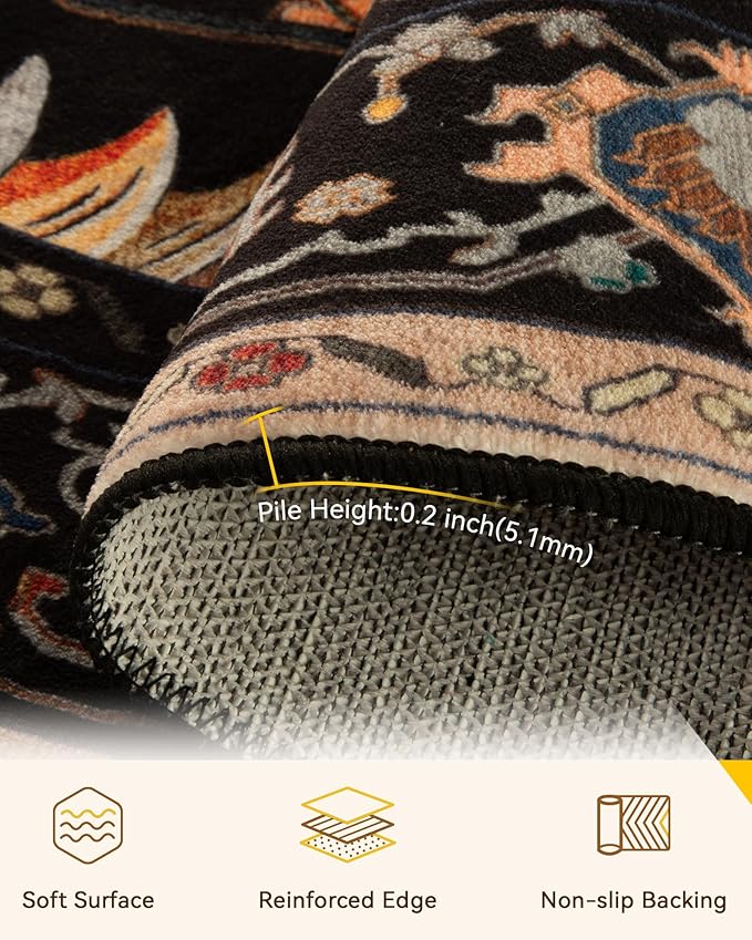 RELEANY Area Rugs 5ft Washable Non-Slip, Floral Vintage Distress Print Pattern Medallion Carpet for Living Room Bedroom Dining Room, Black Colorful Floral Dark Tan