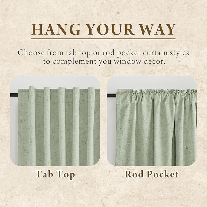 RYB HOME 100% Blackout Sage Green Linen Curtains, Light & Heat Blocking Thermal Privacy Protection Neutral Window Drapes for Living Room Bedroom, 52" W x 90" L, 2 Panels Set