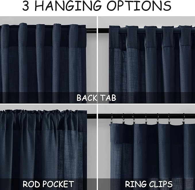 Nanspring Navy Blue Semi Sheer Curtains 72 Inches Long 2 Panels Set for Bedroom Back Tab Rod Pocket Light Filtering Drapes Cotton Linen Textured Indigo Blue Farmhouse Living Room Curtain 52X72