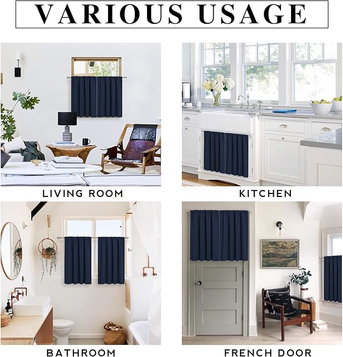 RYB HOME Cafe Blackout Curtains 24 inch Length, RV Curtains for Camper Windows, Mini Short Small Insulating Light UV Heat Blocking Privacy Half Window Tiers, Width 29 by Length 24, Navy Blue, 2 Panels