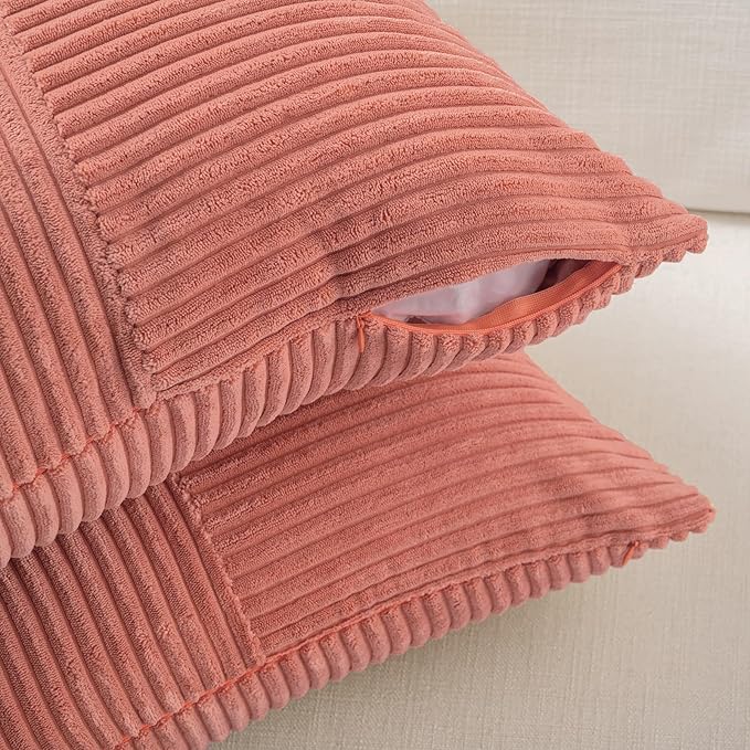 Fancy Homi 2 Packs Coral Lumbar Decorative Throw Pillow Covers 20x28 Inch for Living Room Couch, Rustic Farmhouse Boho Home Decor, Soft Striped Corduroy Rectangle Accent Peach Cushion Case 50x70 cm