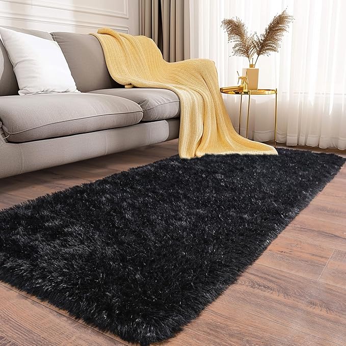 Soft Runner Rugs for Bedroom Hallways, 2x5 Black Fluffy Shag Throw Area Rug Non Slip for Bedside Dorm, Long Shaggy Furry Carpet for Nursery Living Room