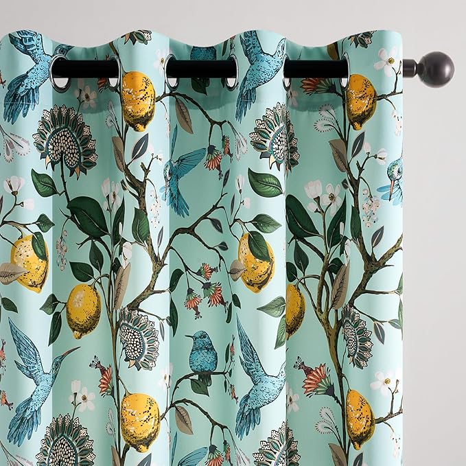 Topfinel Green Floral Curtains 84 Inches Long Vintage French Country Grommet Botanical Hummingbird Woodland Jungle Victorian Patterned Mint Green Lemon Drapes for Bedroom Dining Living Room