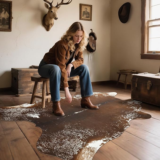AROGAN Western Decor Faux Fur Cowhide Rug, 6.2x7 Feet Premium Animal Skin Cow Hide Rug, Durable Cow Print Rugs for Wall Decor, Western Floor Carpet for Bedroom Living Room, Spotted Brown