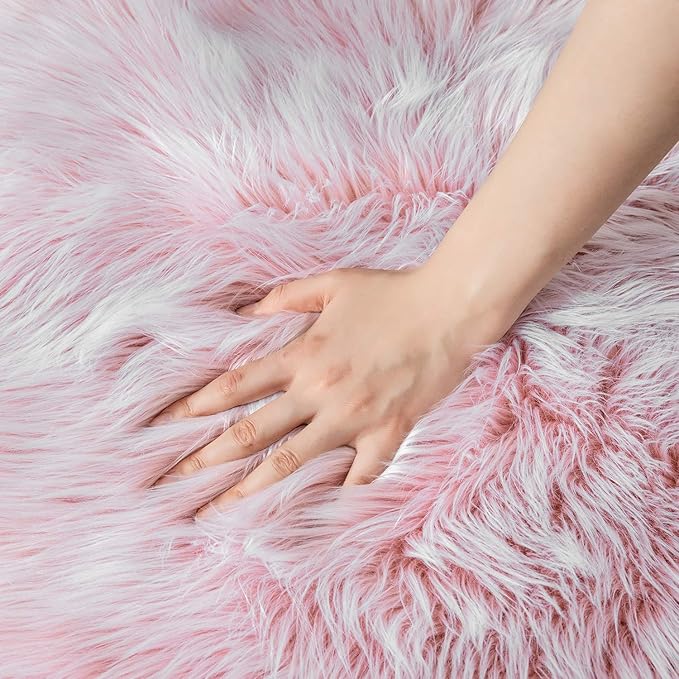 Ashler Faux Fur Rug - Fluffy Shaggy Area Rug, Ultra Soft 3 x 3 Feet Round, Frosted Bottom Pink Fuzzy Machine Washable Shag, Nursery Decor Throw for Bedroom, Kids Room, Living Room