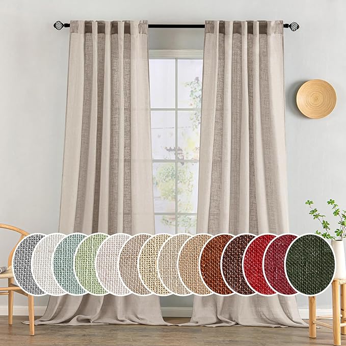 MIULEE Natural Linen Curtains 96 Inches Long 2 Panels for Bedroom Living Room, Soft Linen Textured Window Drapes Semi Sheer Light Filtering Back Tab Rod Pocket Farmhouse Modern Burlap Look Decor