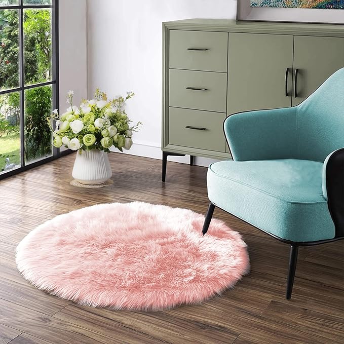 Latepis Fluffy Pink Round Rugs 6ft Circle Rug for Living Room Washable Faux Fur Fluffy Sheepskin Rug for Bedroom Playroom Plush Shag Rugs,Rectangle