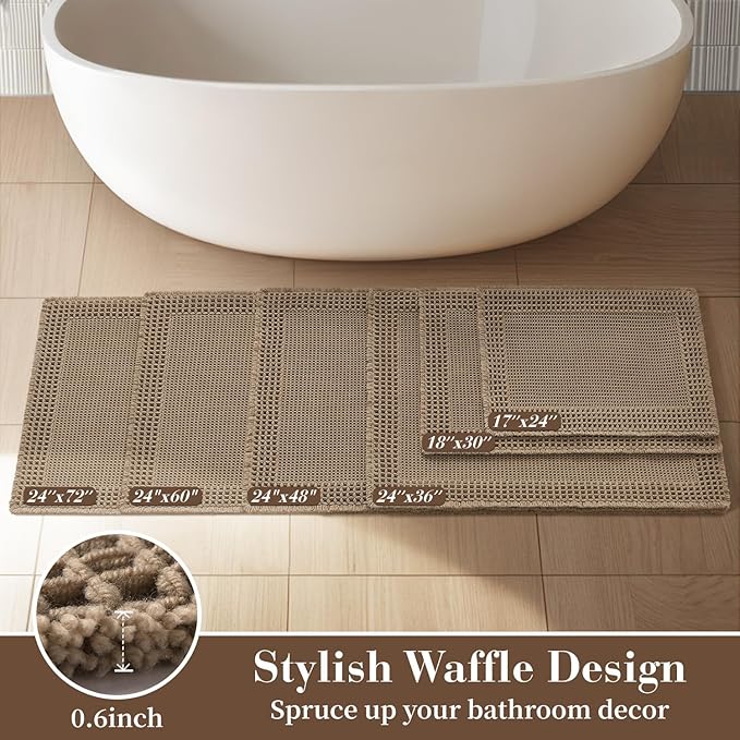 RESARE Waffle Bathroom Runner Rugs, Super Absorbent Bath Mat Non Slip Washable Quick Dry, Upgraded Ultra Soft Boho Bath Rugs with Tassels for Hallway Bedroom Laundry Room, 2'x5'(24"x60"), Brown