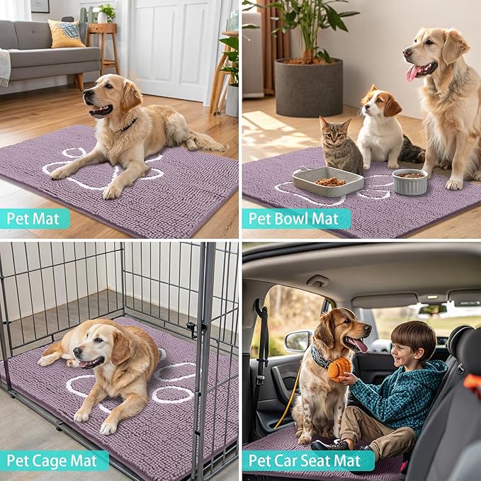 Smiry Dog Door Mat for Muddy Paws, Absorbent Dirt Trapper Non Slip Quick Dry Washable Chenille Mat for Mud Dogs, Entry Rug for Indoor and Outdoor (40x32 Inches, Deep Plum and White)