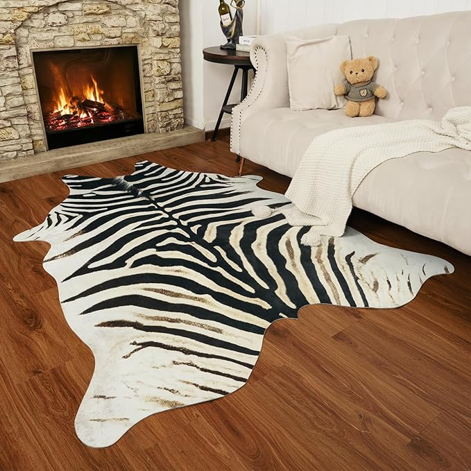 AROGAN Western Faux Fur Zebra Rug, 5.2x6.3 Feet Premium Animal Skin Print Rug, Sturdy Faux Zebra Hide Rugs for Wall Decor, Western Floor Carpet for Bedroom Living Room, Black and White