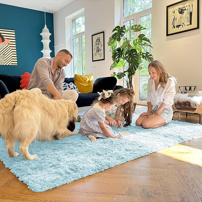 OLANLY 2x8 Machine Washable Runner Rugs for Hallway, Soft Fluffy Shaggy Bedside Rugs for Bedroom, Living Room, Indoor Floor Carpet for Kids Girls and Boys, Home Decor Aesthetic, Light Blue