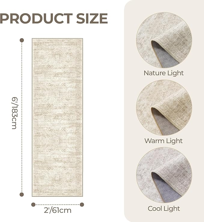 Washable Runner Rugs for Bedroom - 2x6 Runner Rug Non Slip, Ultra-Thin Entryway Runner, Soft Abstract Kitchen Runner for Hallway, Laundry, Bathroom, Indoor Door Mat(2'x6', Beige/Ivory)