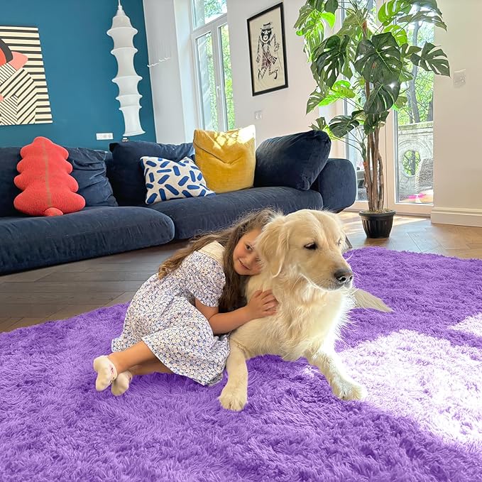 OLANLY 6x9 Machine Washable Large Area Rugs for Living Room, Bedroom, Soft Fluffy Shaggy Bedside Rug, Indoor Floor Carpet for Kids Girls and Boys, Dorms, Nursery, Home Decor Aesthetic, Purple