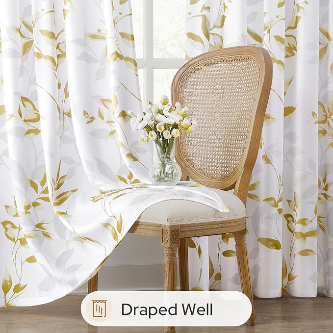 HOMEIDEAS Non-See-Through Gold and White Privacy Sheer Curtains 52 X 84 Inch Length 2 Panels, Leaf Floral Printed Light Filtering Semi Sheer Window Curtains Drapes for Bedroom Living Room