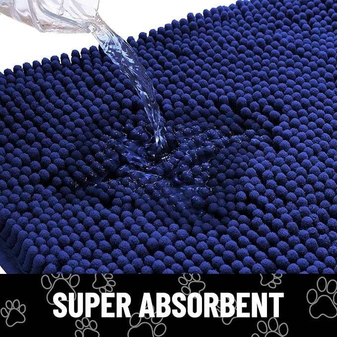 Smiry Dog Door Mat for Muddy Paws, Absorbent Dirt Trapper Non Slip Quick Dry Washable Chenille Mat for Mud Dogs, Entry Rug for Indoor and Outdoor (59x24 Inches, Navy Blue and White)