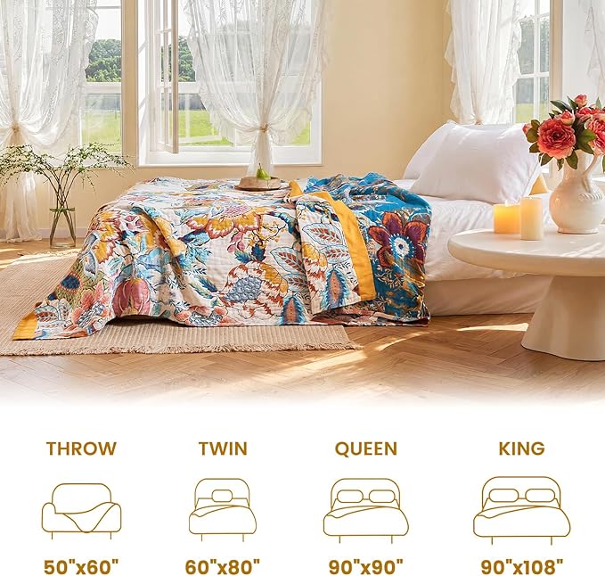 MSGKV Boho Throw Blanket 60"x80" Floral Cotton Blanket for Bed Couch Spring Breathable Lightweight Farmhouse Twin Blankets Home Decor Muslin All Seasons