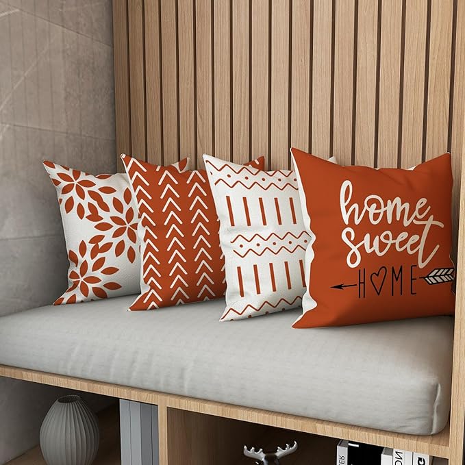 YCOLL Fall Pillow Covers 20x20 Set of 4, Modern Sofa Throw Pillow Cover for Fall Decor, Decorative Outdoor Linen Fabric Pillow Case for Couch Bed Car, Burnt Orange