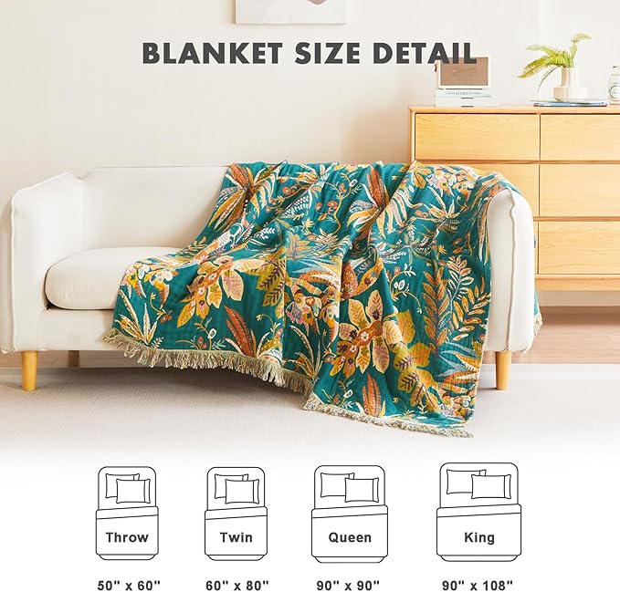 MSGKV Boho Throw Blanket for Couch 100% Cotton Embroidery Blanket 50"x60" Sofa Bed Chair Muslin Spring Breathable All Seasons Lightweight Farmhouse Blankets Home Decor