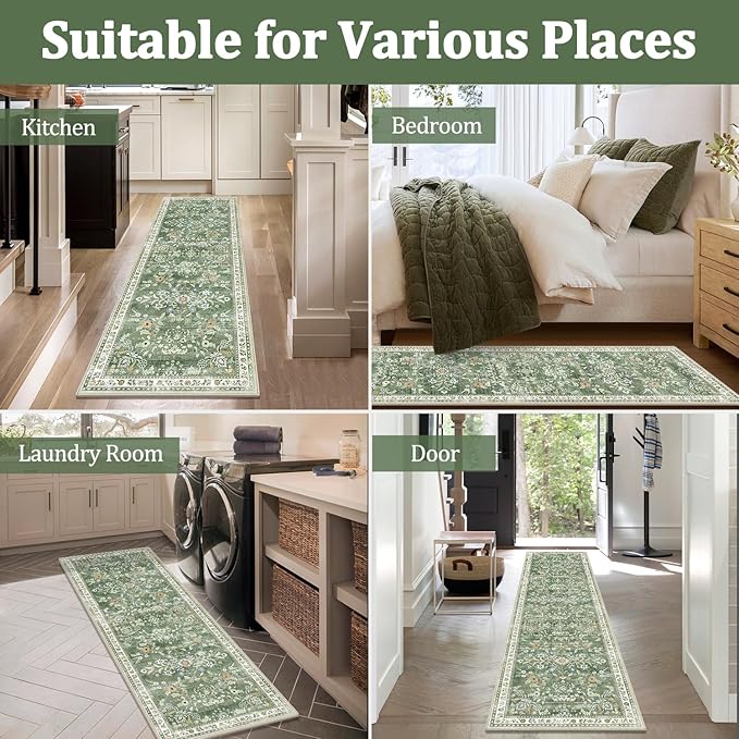 Yamaziot Washable Area Rug 4x6, Non-Slip Boho Floral Living Room Rug with Rubber Backing, Low Pile Distressed Carpet for Bedroom, Living Room, Dining Room, Green
